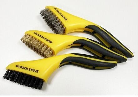 3Pc Wide Wire Brush Set, Stainless Steel, Nylon & Brass Wire Bristles