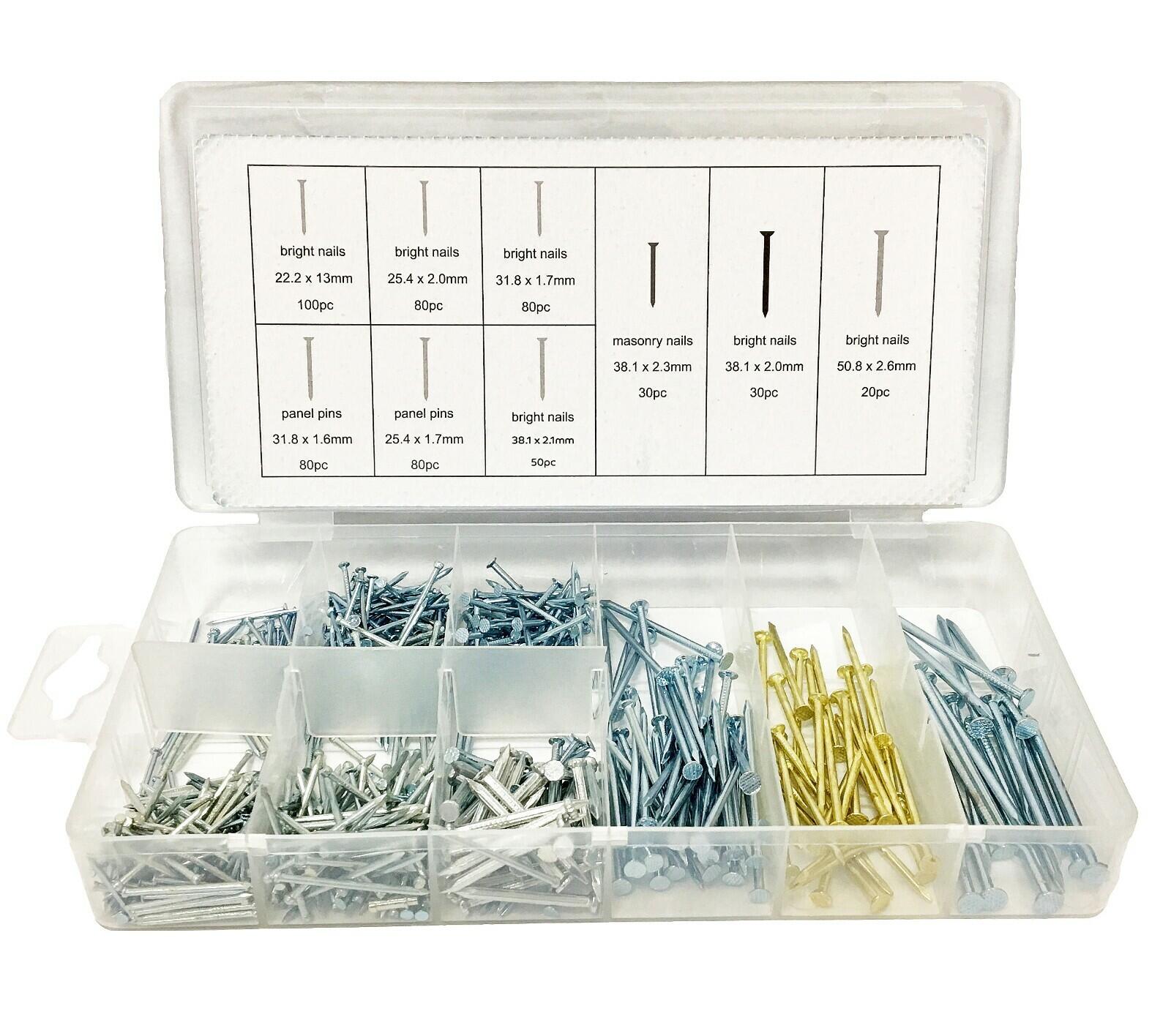 550 Piece Nail Assortment including Bright nails, Panel pins, and Masonry