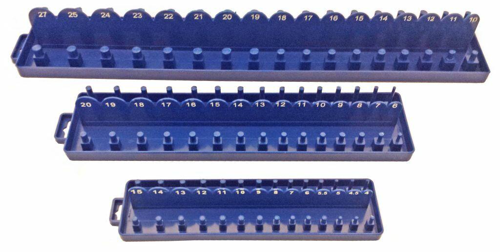 BLUE 3 PIECE SOCKET STAND TRAY RACK STORAGE RAIL HOLDER 1/2" 3/8" 1/4" SOCKETS