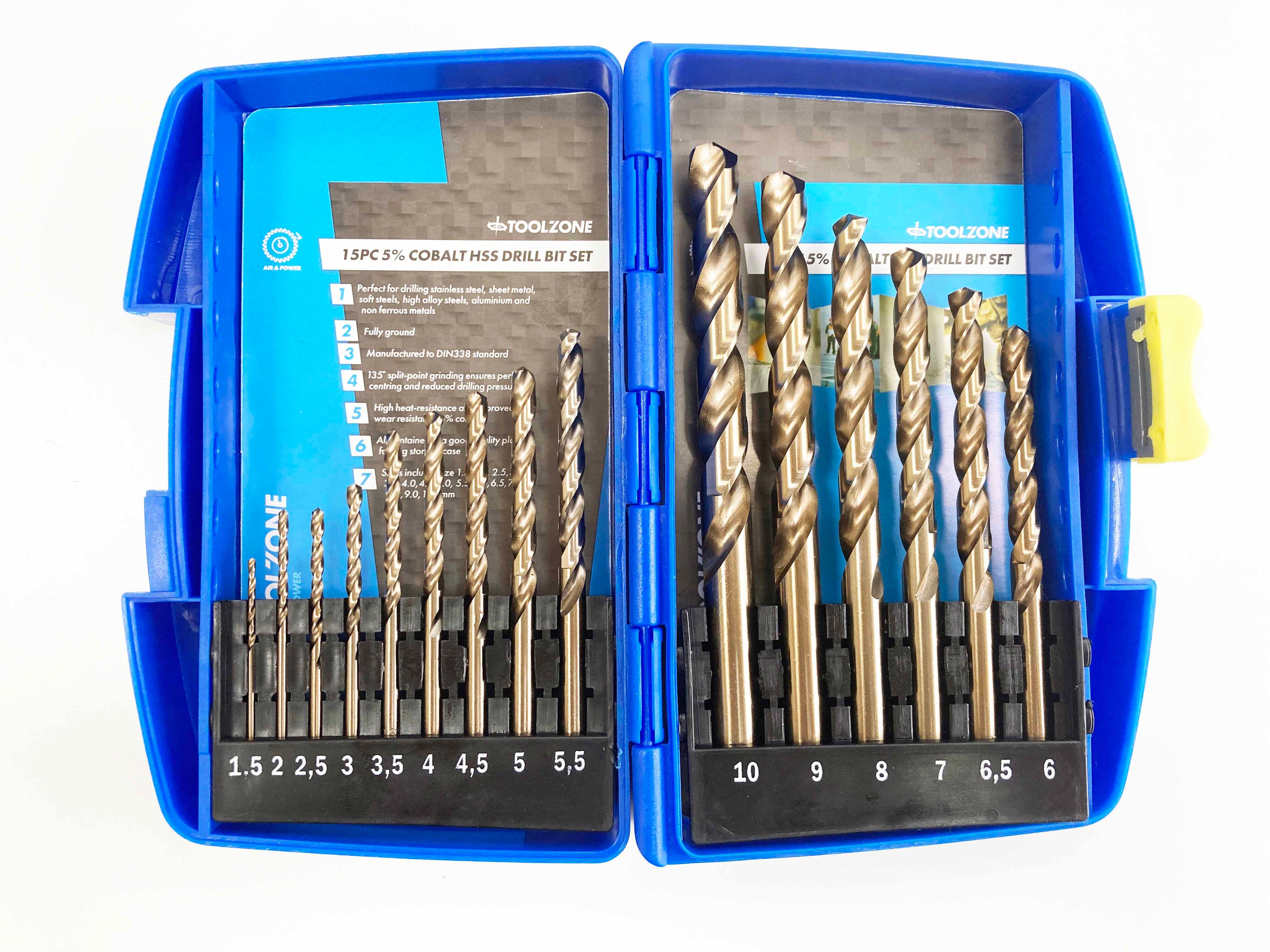 15PC 5% COBALT HSS DRILLS DR389 1.5MM TO 10MM