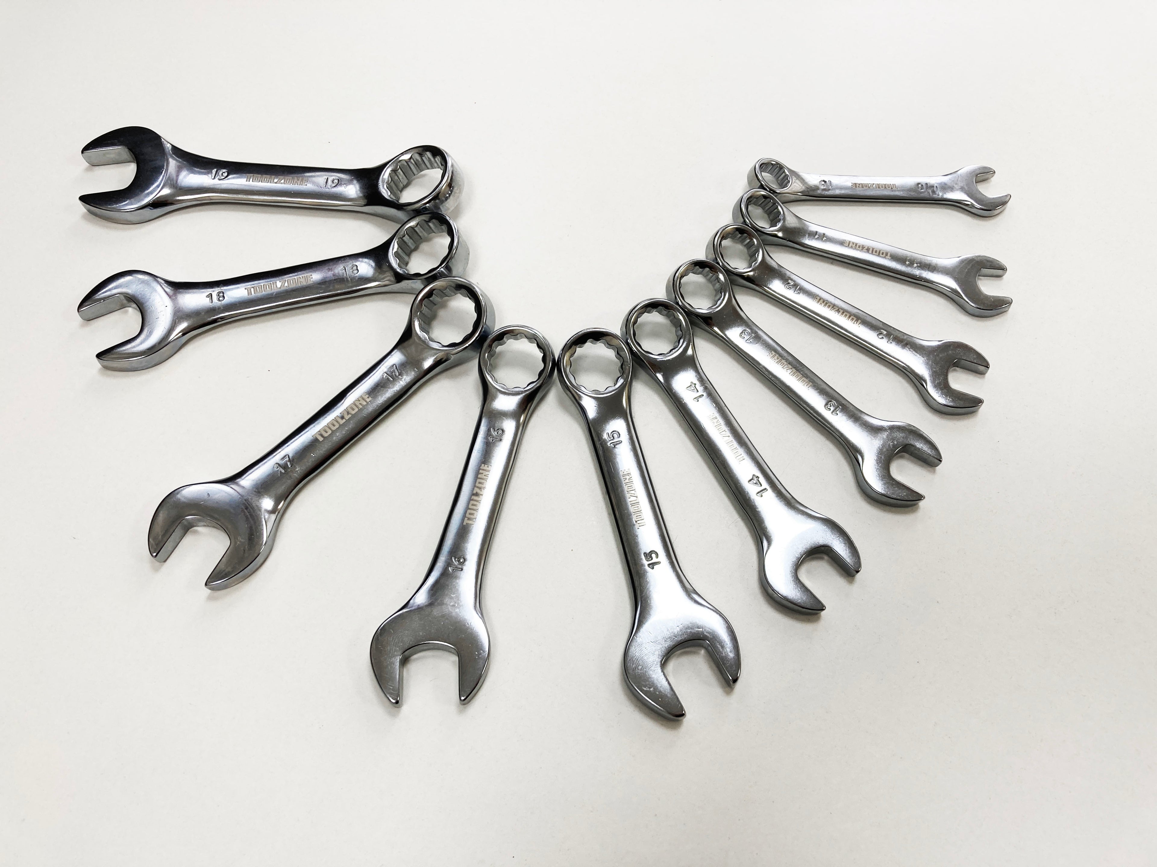 10PC MM STUBBY SPANNERS POLISHED IN RACK 10-19mm SP111