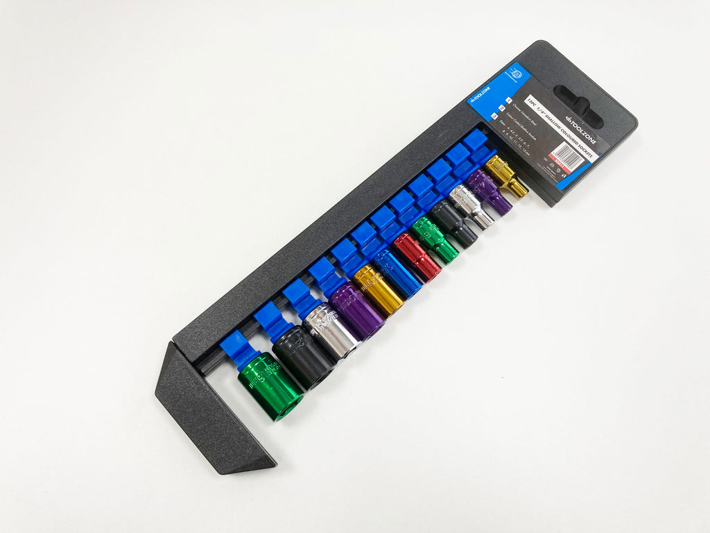 COLOURED 12PC 1/4" MM STD CRV SOCKETS 4-13mm ON SOCKET RAIL SS311