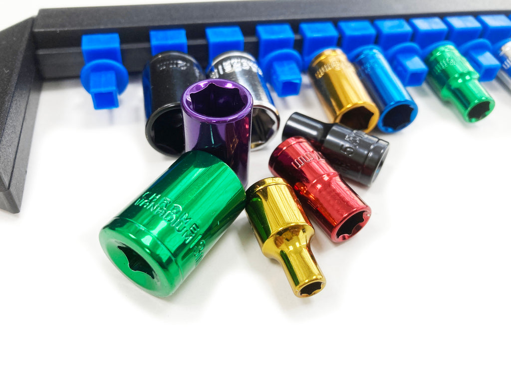 COLOURED 12PC 1/4" MM STD CRV SOCKETS 4-13mm ON SOCKET RAIL SS311