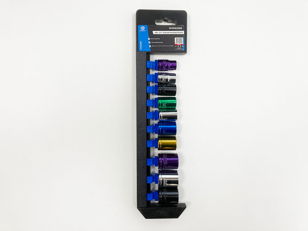 COLOURED 10PC 3/8 MM STD.CRV SOCKETS 10-19mm SS312