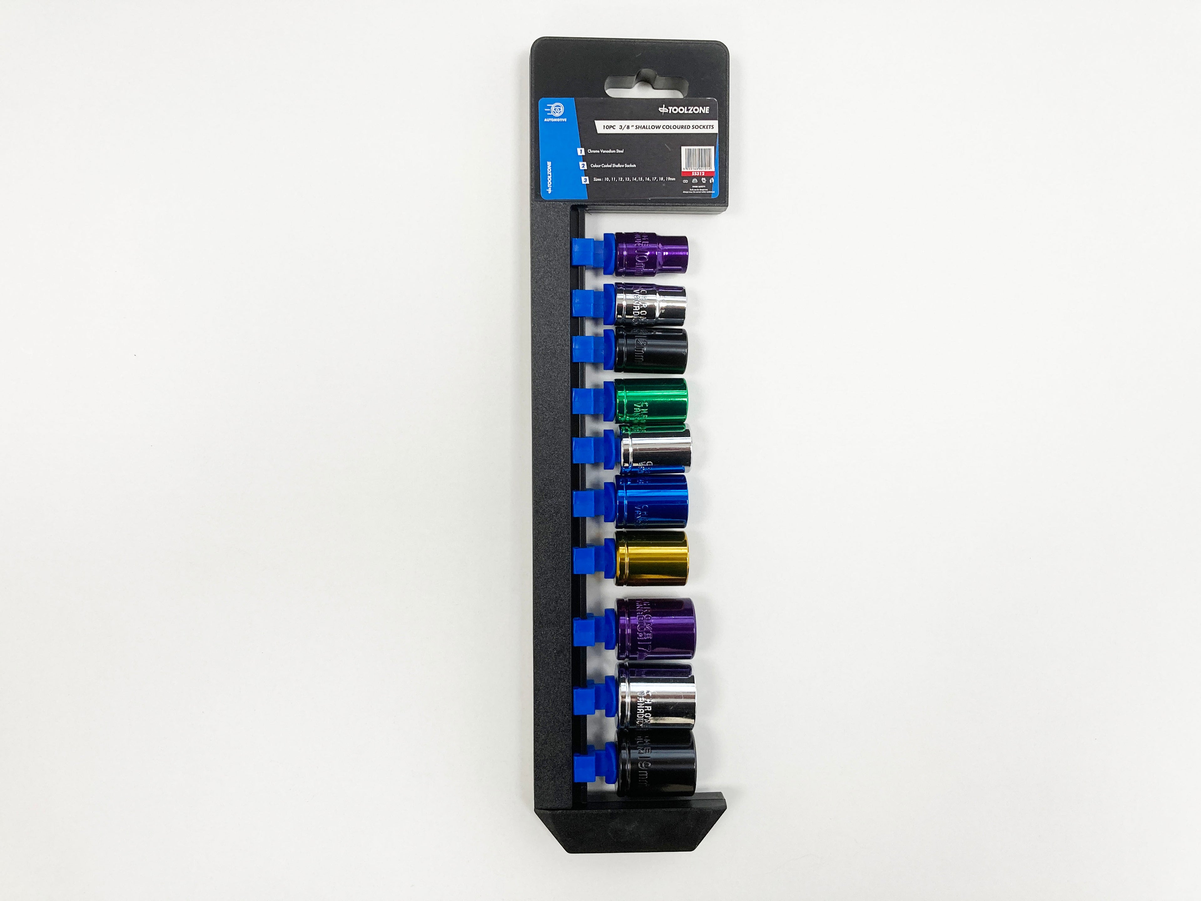 COLOURED 10PC 3/8 MM STD.CRV SOCKETS 10-19mm SS312