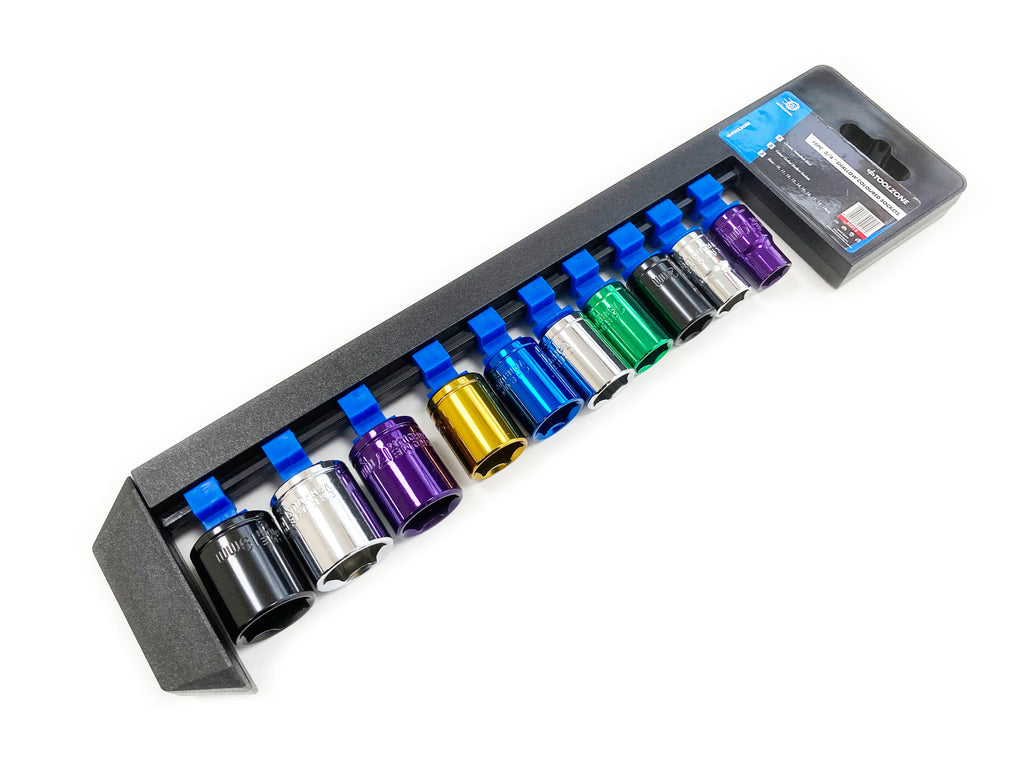 COLOURED 10PC 3/8 MM STD.CRV SOCKETS 10-19mm SS312