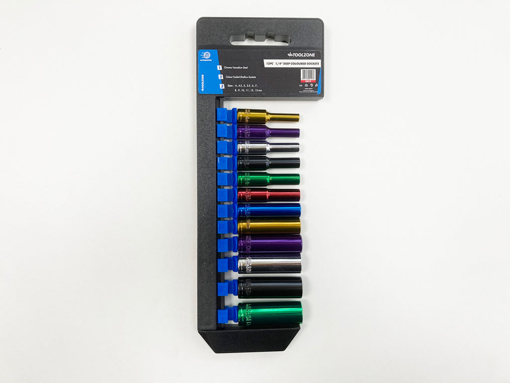 COLOURED 12PC 1/4'' MM DEEP CRV SOCKETS 4-13mm SS314