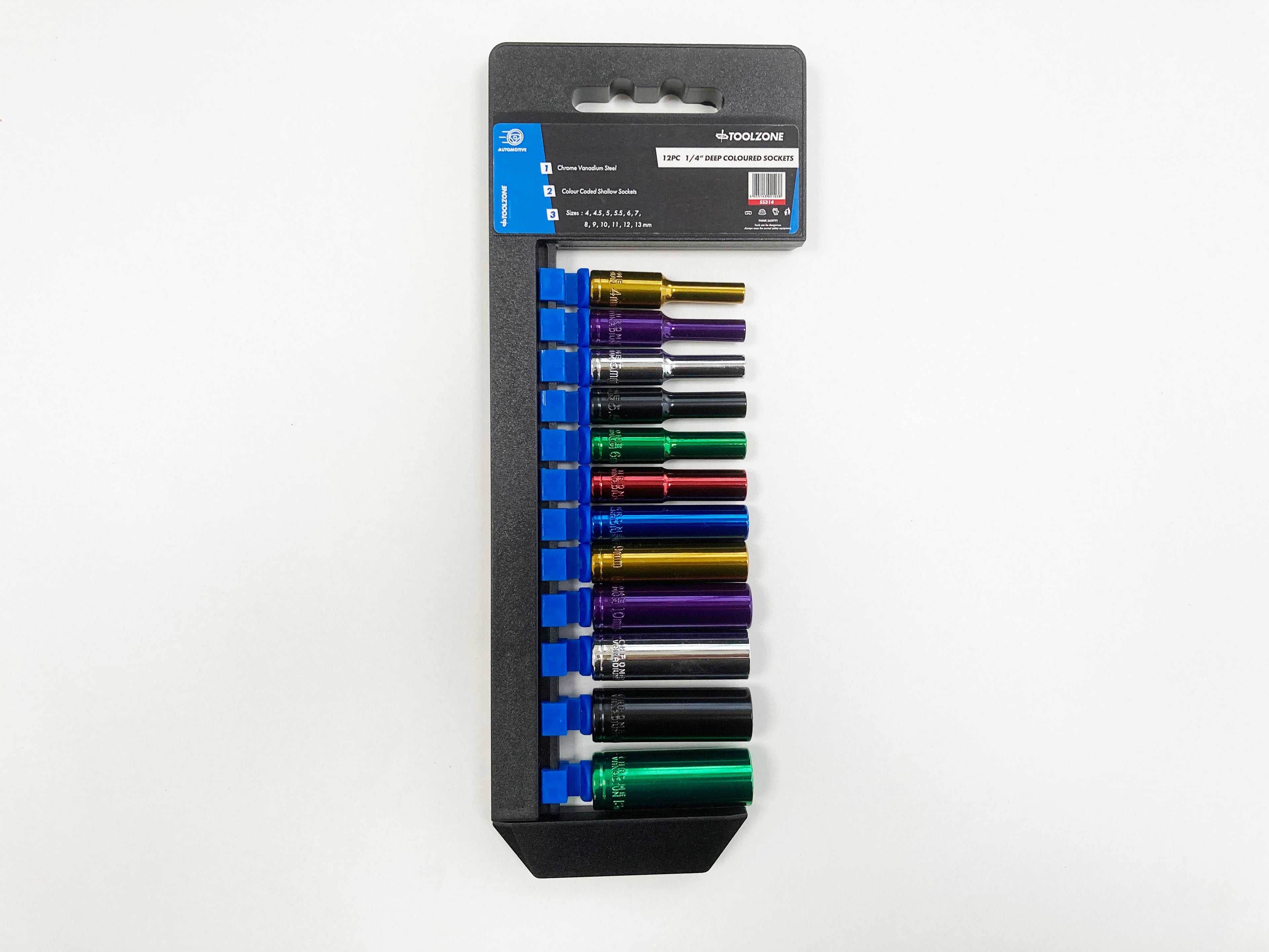 COLOURED 12PC 1/4'' MM DEEP CRV SOCKETS 4-13mm SS314