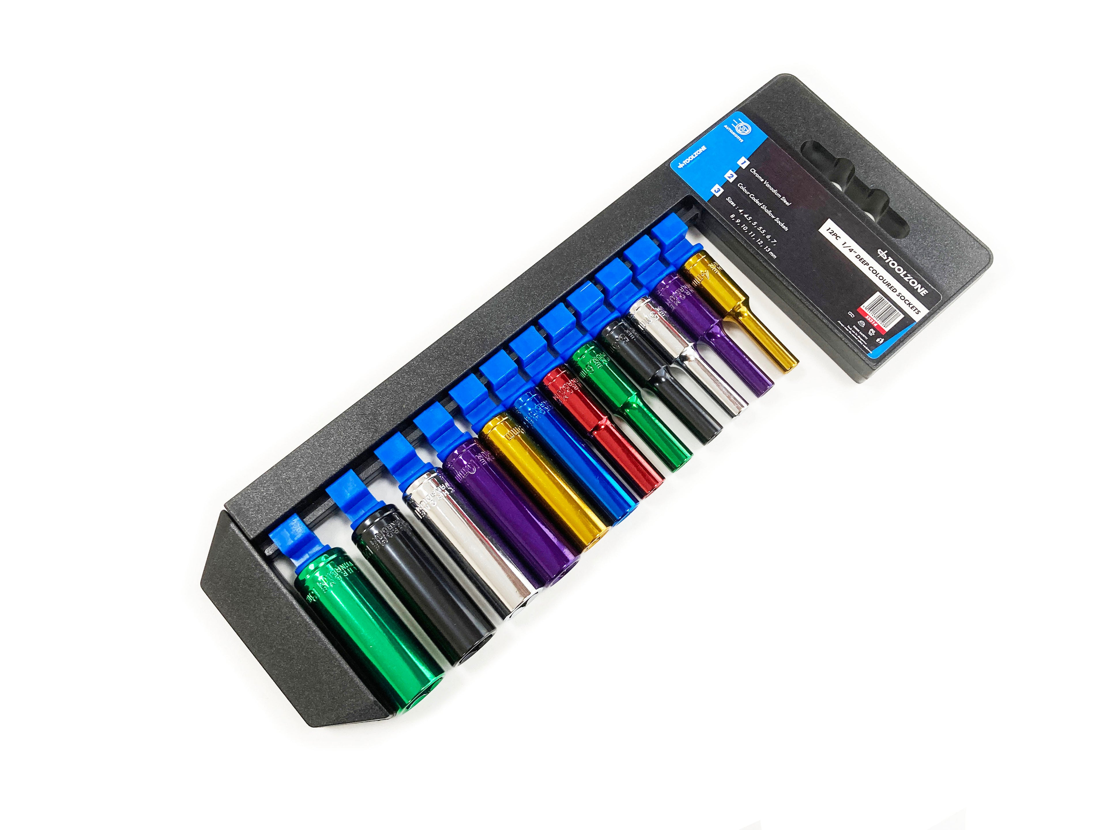 COLOURED 12PC 1/4'' MM DEEP CRV SOCKETS 4-13mm SS314