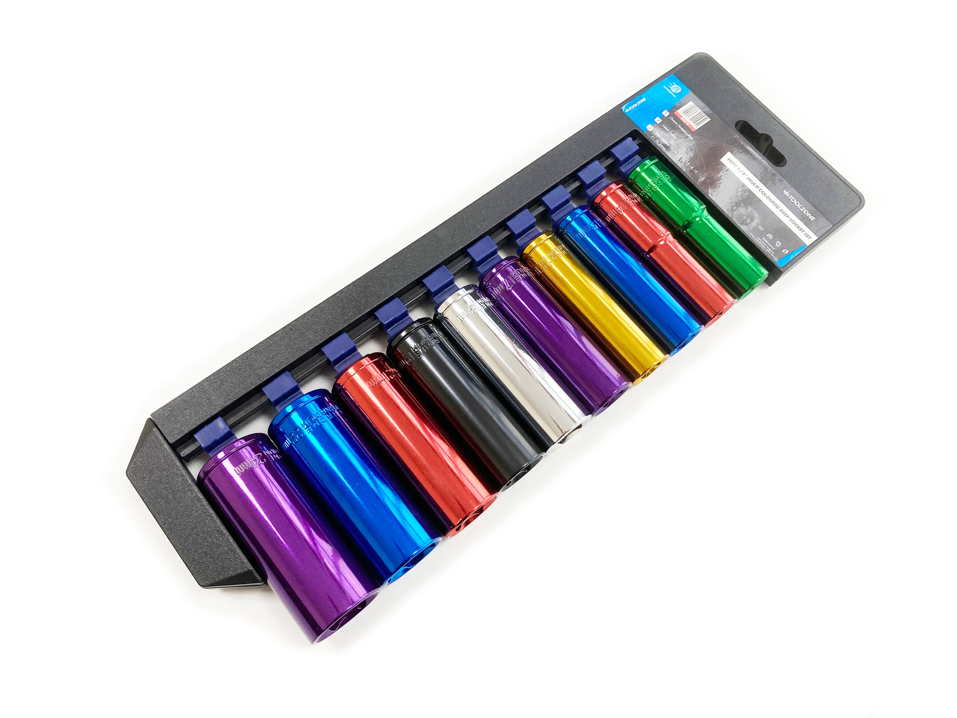 COLOURED 10PC 1/2" MM DEEP CRV SOCKETS 13-24mm SS316
