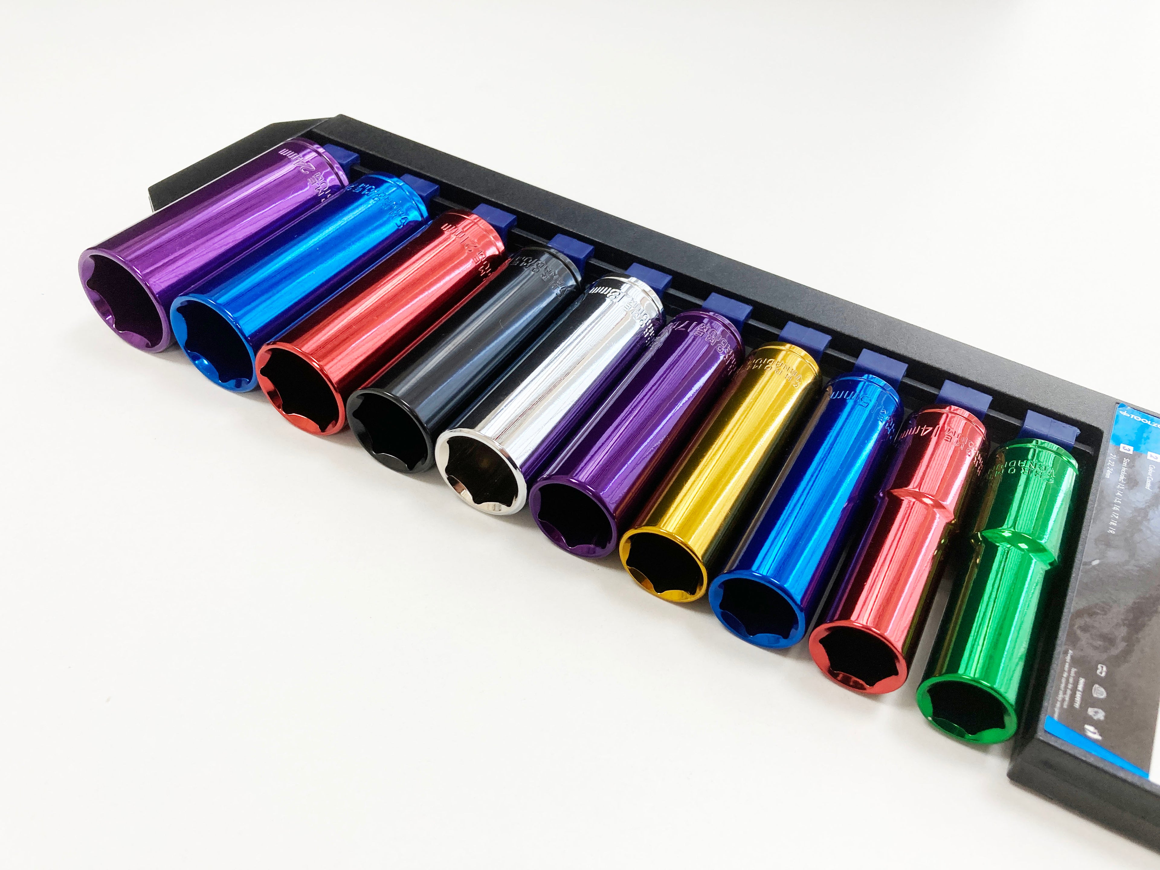 COLOURED 10PC 1/2" MM DEEP CRV SOCKETS 13-24mm SS316