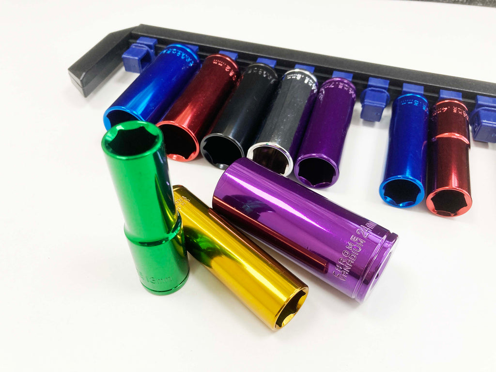 COLOURED 10PC 1/2" MM DEEP CRV SOCKETS 13-24mm SS316