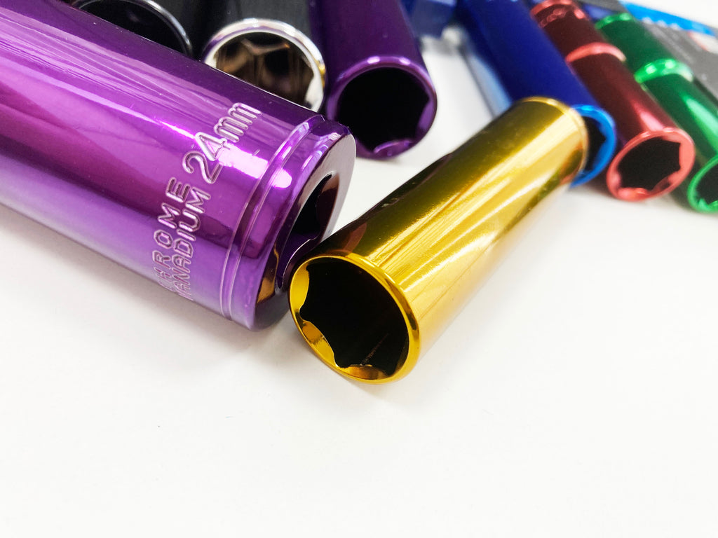 COLOURED 10PC 1/2" MM DEEP CRV SOCKETS 13-24mm SS316