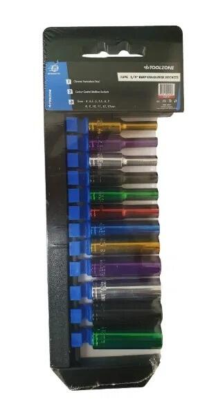 COLOUR 12PC 1/4'' MM DEEP CRV SOCKETS 4 - 13mm.