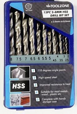 13Pc 2-8 Mm Hss Drill Bit Set in Storage box