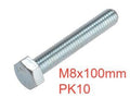 M8 x 100mm Bag 10 High Tensile Set Screw Bolt ZP
