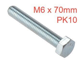 M6 x 70mm Bag 10 High Tensile Set Screw Bolt ZP